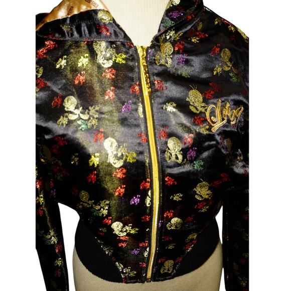 Lot29 Y2K Black Satin Skull Print Cropped Zip Hoodie Jacket Gold Logo Women’s M - Picture 2 of 13